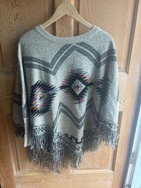 Southwestern Poncho | Grey with Rainbow Pattern & Fringe | One Size